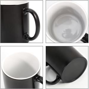 A black mug with a white interior and a smooth handle, featuring a logo on the body.