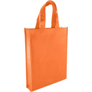 An orange non-woven trade show bag with two sturdy handles and a simple design.