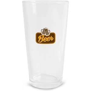 A clear glass with a logo featuring beer mugs, designed for beverage enjoyment.