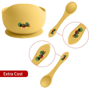 A yellow silicone kids suction bowl with matching yellow spoon, featuring a logo. Suitable for home dining use.