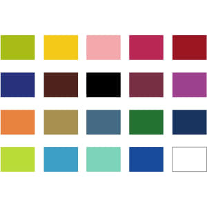 A collection of coloured swatches in various shades, including greens, yellows, reds, blues, and purples, along with a blank space.