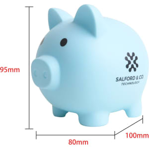 A light blue PVC piggy coin bank with a branding logo, featuring a cute design and rounded shape.