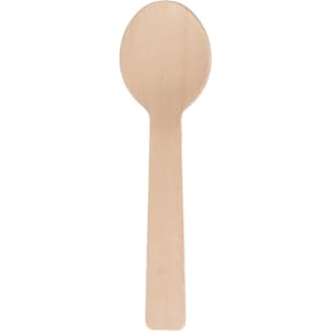 A disposable birch spoon in a light wood colour, featuring a rounded bowl and a straight handle.