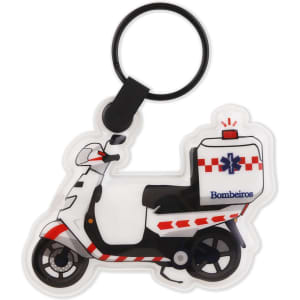 A PVC LED keyring shaped like an emergency scooter, featuring red and white details and a branding logo.
