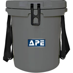 A grey ice bucket with a secure lid, featuring a handy rope handle and a logo on the front.
