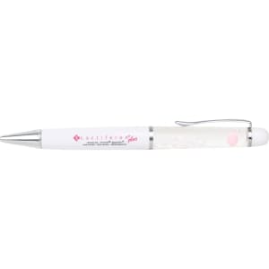 A white plastic pen with a silver clip and a transparent barrel featuring a logo.