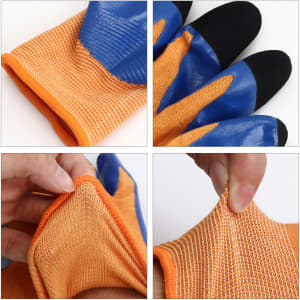 A pair of orange and blue insulating gloves with a textured surface and stretchy fabric. The gloves have a logo on them.