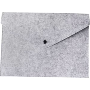 A grey felt file folder with a flap and a black button closure. It has a simple, minimalist design.