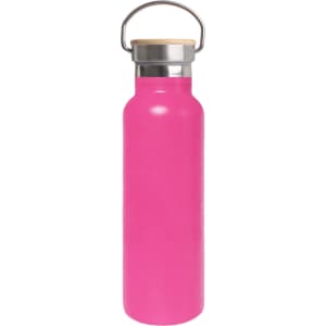 A drink bottle in bright pink with a bamboo lid and stainless steel accents. Features a handle for easy carrying.