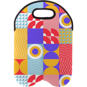 A drink bottle cooler with a vibrant geometric pattern featuring yellow, red, blue, and pink shapes. It has a handle and a logo.