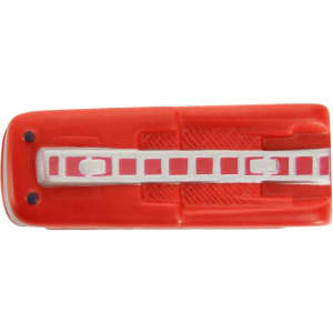 A red fire truck-shaped stress reliever with detailing in white and pink. It features a logo on one side.