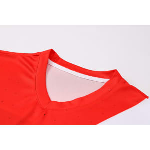 A red and white polyester football jersey featuring a V-neck design and a logo on the front.