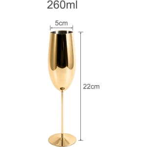A stainless steel champagne flute in a shiny gold finish, measuring 22cm tall and 5cm wide.