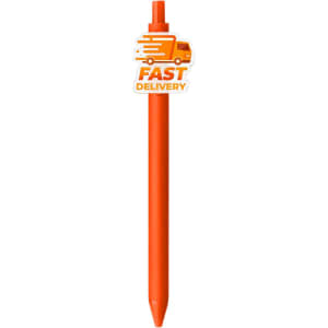 An orange acrylic pen with a clip, featuring a logo on top.