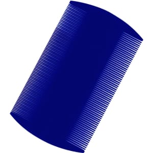 A navy blue pet flea comb with fine teeth, designed for grooming. It features a rounded edge and has a logo.