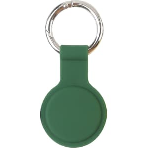 A green Air Tag protective case with a keyring attachment. Includes a smooth, rounded design.