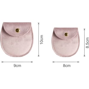 A pink oval velvet jewelry pouch with a golden snap closure, featuring two sizes displayed alongside each other.
