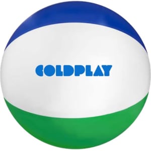 A colourful beach ball-shaped stress reliever with blue, white, and green sections, featuring a logo.