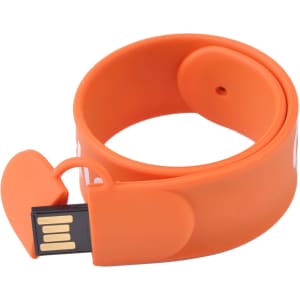 An orange silicone slap band flash drive with a USB connector visible. It features a logo on the surface.