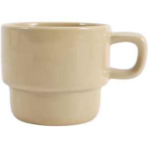 A stackable ceramic mug in a beige colour with a rounded base and a handle, featuring a branding logo.