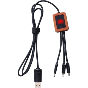 A long square-shaped charging cable with a wooden connector, featuring a black braided cable and a logo on the attachment.