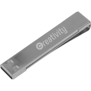 A silver metal clip flash drive with a logo on the side.