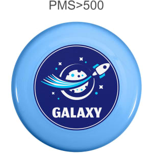 A blue frisbee featuring a graphic of a rocket and planets, with a logo in the centre.