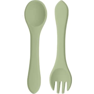 A light green silicone spoon and fork set for kids, featuring a smooth design and rounded edges.