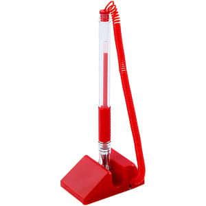 A red fixed signature pen with a coiled connector, mounted on a triangular base.