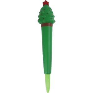 A green pen shaped like a Christmas tree, featuring a red star on top and a soft stress reliever design.