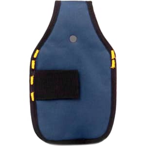 A blue portable tool waist pouch featuring yellow stitching and a black elastic strap. It includes a hole for attachment.