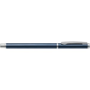 A metal gel pen in navy blue with silver accents, featuring a clip and a smooth, sleek design.