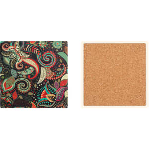 A square ceramic coaster with a vibrant, multi-coloured floral design on one side and a plain cork surface on the other.