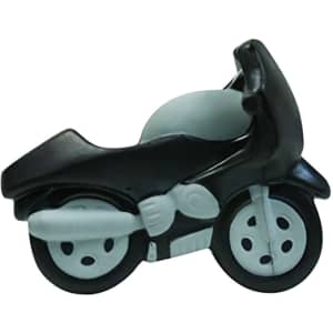 A black and grey motorbike-shaped stress reliever with wheels and a detailed design. Features a logo.