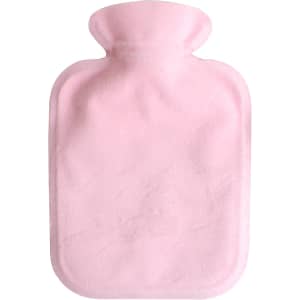 A pink hot water bottle with a soft plush cover, featuring a rounded neck and rectangular body.