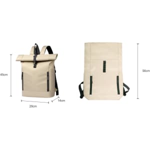 A roll top laptop backpack in beige with adjustable straps and a green accent, featuring two side pockets.