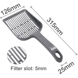 A large grey cat litter scoop with a slotted design for easy filtering, featuring measurements and a circular handle hole.
