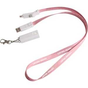 A pink polyester lanyard featuring a USB charging cable with multiple connectors and a clip attachment.