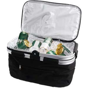 A black picnic cooler basket filled with cans and ice, featuring an aluminium frame and a pocket on the front.