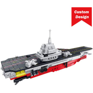 A detailed model of a ship in grey, black, and red, featuring intricate building block design elements.