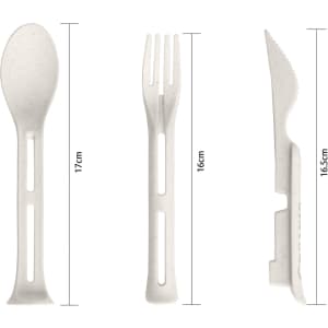 A portable utensils set featuring a spoon, fork, and knife in natural colour, measuring 17cm, 16cm, and 16.5cm respectively.