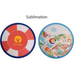 A foldable frisbee in red and blue, featuring two different designs on each side and a logo.