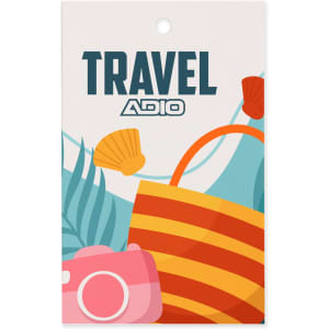 A colourful swing tag featuring a beach theme with a camera, shell, and striped bag, along with a logo.