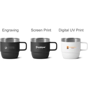 A stackable stainless steel mug in black and white, featuring a logo on each mug. Suitable for drinkware use.