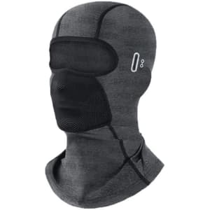 A breathable balaclava cycling face mask in grey, featuring a mesh eye area and a fitted design with a logo.