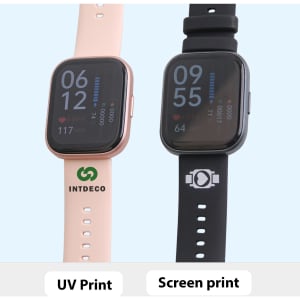 A square smart watch with a rose gold and a black strap, featuring digital display and logos.