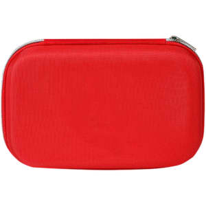 A red hard shell case featuring a zip closure and a logo, designed to hold first aid supplies.