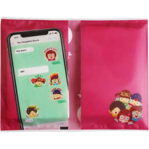A pink wallet pocket tissue pack featuring cartoon characters and an illustration of a smartphone displaying messages.
