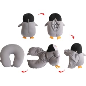 A penguin-shaped travel pillow in grey and black, transforming from a plush toy to a functional pillow.