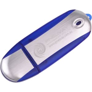 A flash drive in blue and silver, featuring a smooth metallic finish and a small branding logo.